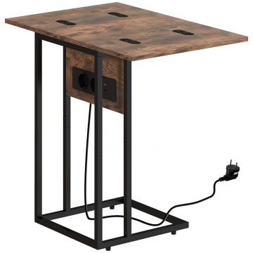 Masa de cafea extensibila in forma de C cu 2 statii de incarcare, din lemn si metal, 39x29x57 cm, negru si maro