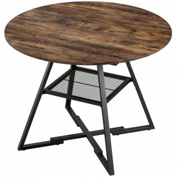 Masa de dining 4 locuri, 100 cm rotunda, bucatarie industriala, polita de depozitare, maro rustic.
