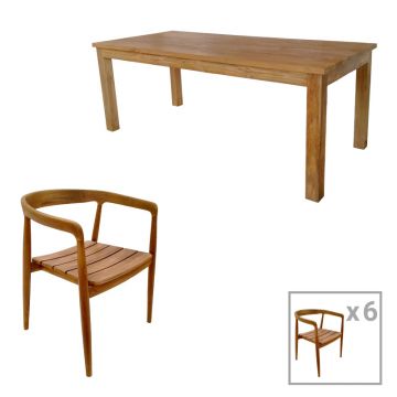 Masa de dining Noody-Wooly din lemn de tec 7 piese, Natural, 90x220 cm