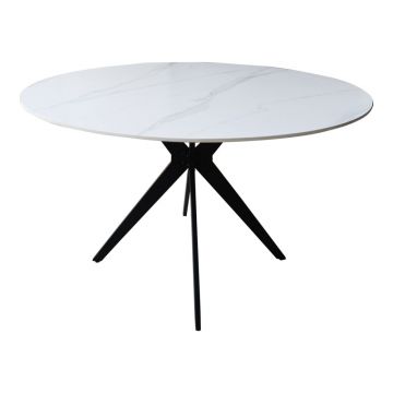 Masa de dining Orbital cu blat de marmura sinterizata, Alb, metal, Negru, 120x76 cm