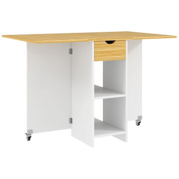 Masa de dining pliabila pentru 2-4 persoane cu 2 extensii, sertar si rafturi, stejar