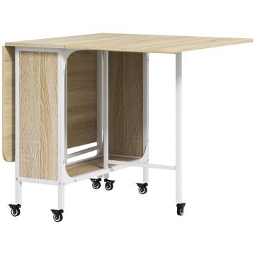 Masa de Dining Pliabila pentru 6 Persoane, cu Raft, din Lemn si Metal, 130x80x74 cm, Alb si Culoare Lemn