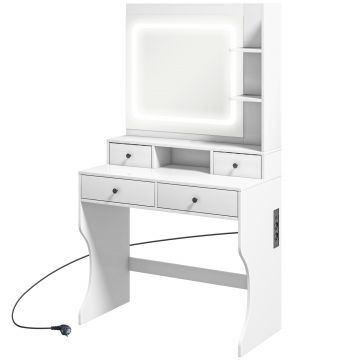 Masa de Toaleta cu Oglinda Iluminata LED, Masa de Machiaj cu Statie de incarcare, 4 sertare si rafturi de depozitare, 90x45x160 cm, Alb