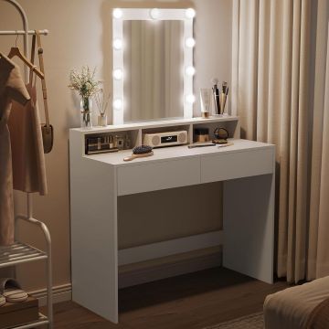 Masa de toaleta cu oglinda LED cu luminozitate reglabila, 2 sertare si 3 compartimente, 100x40x145 cm, alb