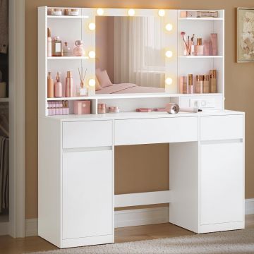 Masa de toaleta Kailyn cu oglinda, iluminare LED reglabila, priza integrata AC si USB, fronturi MDF, 40x107x144 cm, alb