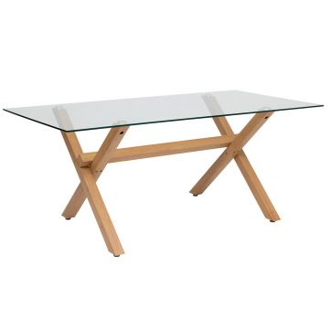 Masa dining atmosphera jorel sticla securizata otel, 180x90x75 cm, 6 persoane, efect stejar