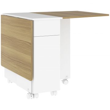 Masa dreptunghiulara extensibila cu 2 sertare si un dulap din lemn, 140x76x74 cm, alb si lemn natural