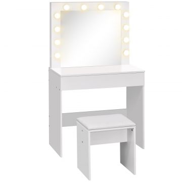 Masa Machiaj cu Oglinda LED 12 Lumini, Set cu Scaun Tapitat si Sertar Spatios, Mobilier pentru Dormitor, 80x40x140 cm, Alb