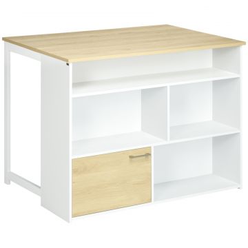 Masa pentru Bar Moderna si Extensibila din MDF pentru 2 Persoane cu 4 Rafturi deschise si Dulapior, 116x79.5x91 cm, Alb si Lemn natur