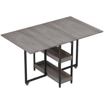 Masa Pliabila cu 2 Extensii pentru 4 Persoane cu 2 Rafturi Deschise, din Lemn si Metal, 133.4x80x75 cm, Gri