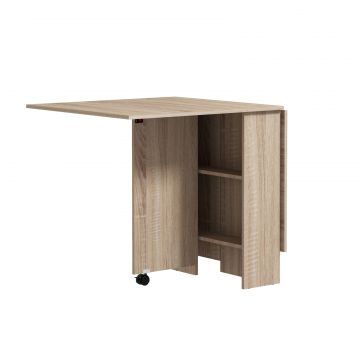 Masa Pliabila cu 2 Extensii pentru 6 Persoane, cu Rafturi si Roti Integrate, Lemn Natural