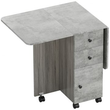 Masa pliabila cu 2 sertare si dulap, 6 roti si frane, 120x60x76,5 cm, gri lemn si piatra