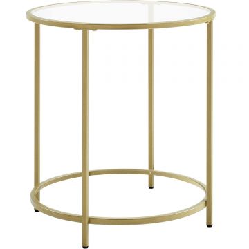 Masa rotunda sticla securizata cadru otel noptiera, 50x50x55 cm, design elegant, auriu
