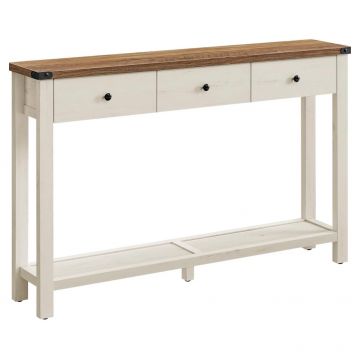 Masa tip consola cu 3 sertare si raft inferior, MDF si lemn masiv cu aspect hambar, 120x24x76 cm, alb rustic si maro