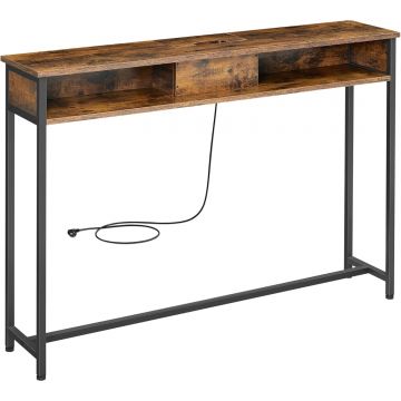 Masa tip consola ingusta, cu 2 prize si 2 porturi USB incorporate, 120x25x81 cm, maro rustic