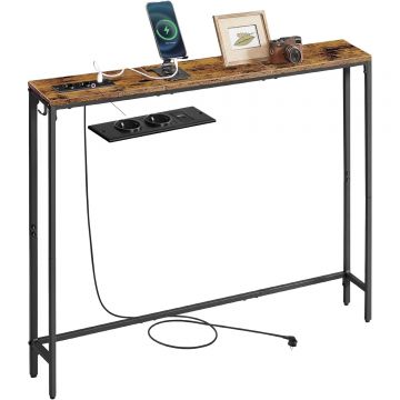 Masa tip consola ingusta cu statie de incarcare, prize si porturi USB, cadru metalic, 100x15x80 cm, maro rustic