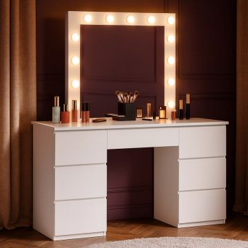 Masa toaleta machiaj cu oglinda led si 7 sertare mdf, 132x43x152 cm, design modern, alb
