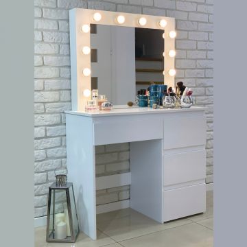 Masa toaleta machiaj hollywood pro 4 sertare oglinda 12 led, 90x40x140 cm, modern, alb