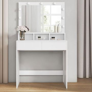 Masa toaleta oglinda iluminare led 2 sertare 3 compartimente, 80x40x140 cm, design modern, alb