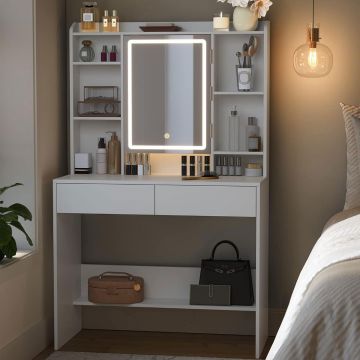 Masa toaleta oglinda iluminare led reglabila 2 sertare pal, 90x40x145 cm, design modern, alb
