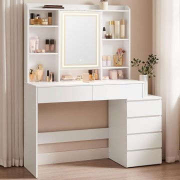 Masa toaleta oglinda iluminare led reglabila 6 sertare pal, 118x40x145 cm, design modern, alb