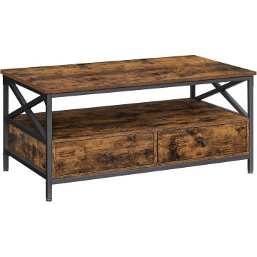 Masuta cafea cu 2 sertare si compartiment deschis, structura metalica, stil industrial, 100x55x45 cm, maro rustic