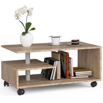 Masuta cafea pal pe roti cu raft inferior, 90x51x40 cm, mobilitate usoara, stejar sonoma