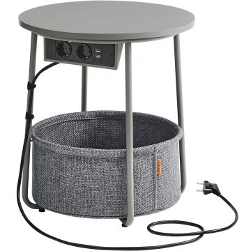 Masuta cafea rotunda cos stofa priza 2 usb incarcare, 45x50 cm, design modern, gri argintiu