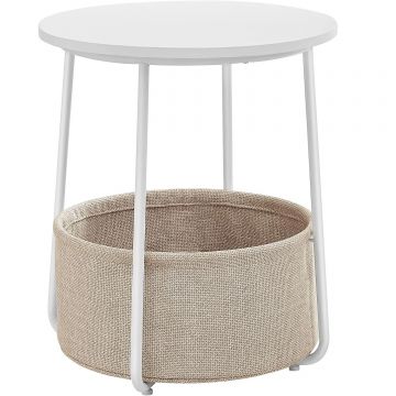 Masuta cafea rotunda cos stofa stil modern compact, 45x50 cm, picioare otel, alb bej