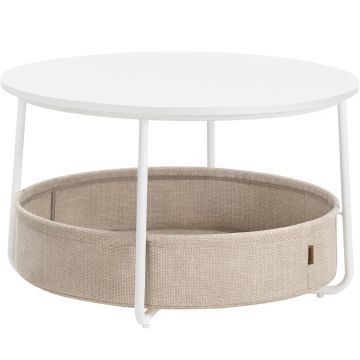 Masuta cafea rotunda cos stofa stil modern priza usb, 45x75 cm, depozitare, alb bej