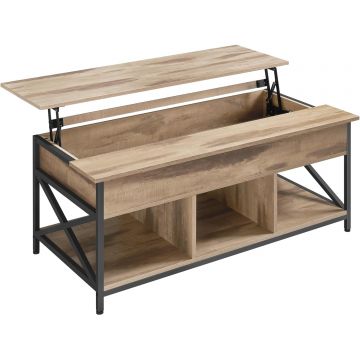 Masuta de cafea cu blat reglabil pe inaltime, 2 sertare si compartimente ascunse, PAL si MDF, 100x50x(49-64) cm, maro camel