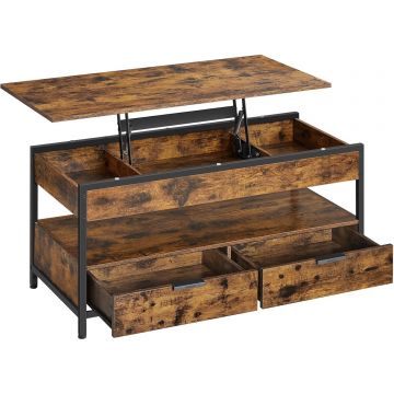 Masuta de cafea cu blat reglabil pe inaltime, cu sertare si spatii de depozitare, stil industrial, 100x50x63 cm, maro vintage