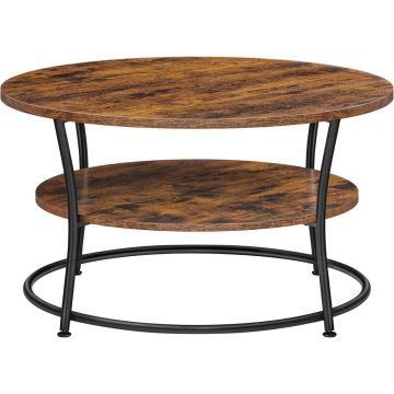 Masuta de cafea rotunda cu raft, cadru metalic, stil industrial, 80x45 cm, maro rustic