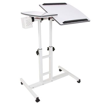 Masuta laptop reglabila 2 blaturi acrilice roti blocare, 60-90 cm inaltime, compact, alb perlat