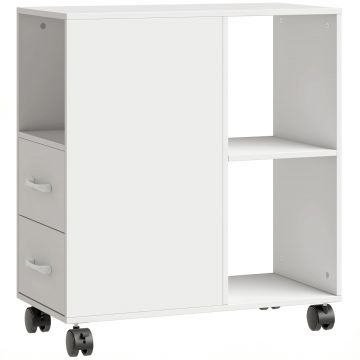 Masuta Minimalista pe Rotile cu 2 Sertare, Compartiment Deschis si Raft Reglabil, din Lemn, 60x30x65 cm, Alb