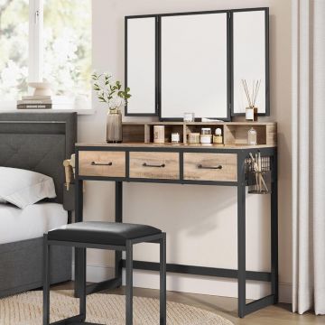 Masuta toaleta 3 sertare oglinda tripla taburet lemn otel, 90x40x141 cm, design rustic, maro negru