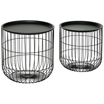 Masute Suprapuse, Set de 2 Mese Rotunde de Cafea cu Corp Cos din Otel cu Fire de Otel si Blat Detasabil, Mese Suprapuse pentru Camera de Zi, Negru