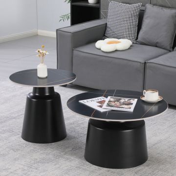 Mese de cafea set 2 piese cu neagră Dualis, Metal/Piatră sinterizată, 45x45xD40 cm, 70x70x38 cm