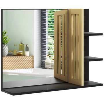 Oglinda de Baie cu Polita, Oglinda Montata pe Perete, Oglinda cu 4 Rafturi de Depozitare pentru Machiaj, 45x15x58.5 cm, Negru