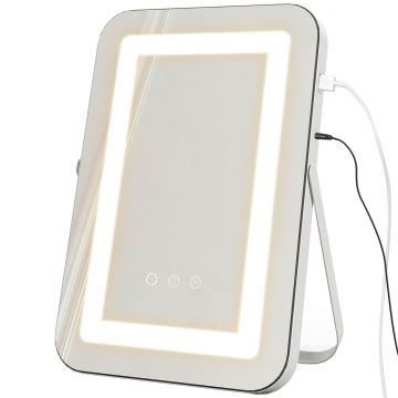 Oglinda de Machiaj LED cu Lumini Reglabile pe 3 Culori, USB si Oglinda de Marire Rotativa, 31x41,5x3 cm, Alb