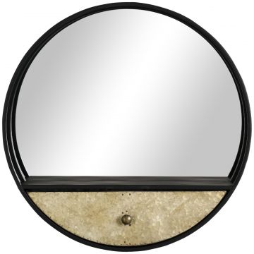 Oglinda de perete rotunda O61cm, oglinda decorativa cu sertar si cadru din metal si MDF, negru