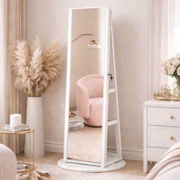 Oglinda de podea cu suport rotativ la 360A , cu spatiu de depozitare, material MDF, 55x55x162 cm, alb