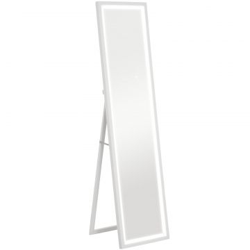 Oglinda iluminata cu lumini LED reglabile si buton tactil, din sticla si MDF, 40x5x160 cm, alba