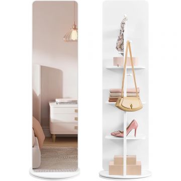 Oglinda inalta rotativa 360A , 2 in 1 cu rafturi si cuier in spate, MDF, sticla securizata, 45x45x163 cm, alb