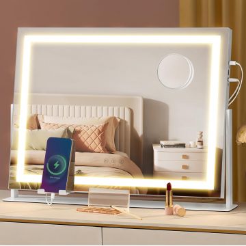 Oglinda machiaj cu iluminare LED, 3 culori lumina, suport telefon, 2 porturi USB, zoom 10x, 58x43 cm, alb