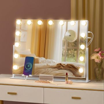 Oglinda machiaj cu iluminare LED, 3 culori lumina, suport telefon, porturi USB, zoom 10x, 58x43 cm, alb