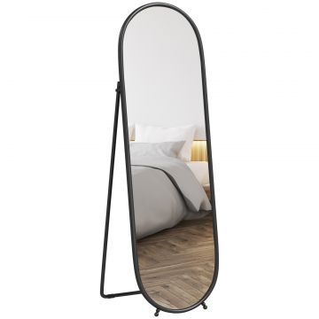 Oglinda Ovala de Podea, cu Suport Rabatabil, din Sticla si Metal, 40x41x159 cm, Negru