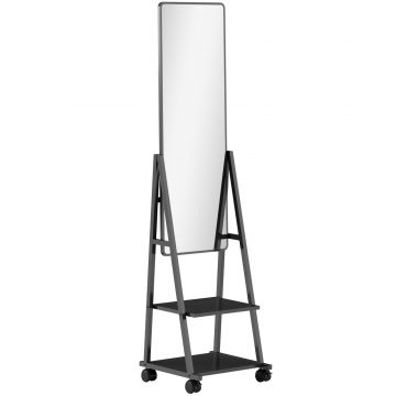 Oglinda Verticala de Podea cu 2 Rafturi si 4 Roti, din Otel si Lemn, 42x37x155 cm, Negru