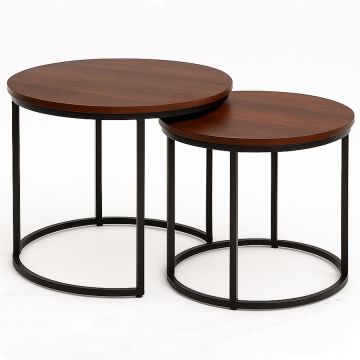 Set 2 masute cafea suprapozabile mdf metal design modern, 60 cm si 50 cm, maro si negru