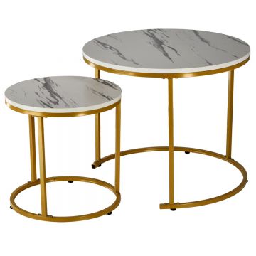 Set 2 masute cafea suprapozabile mdf metal rotund oval, 60x50 cm si 40x40 cm, alb marmura auriu